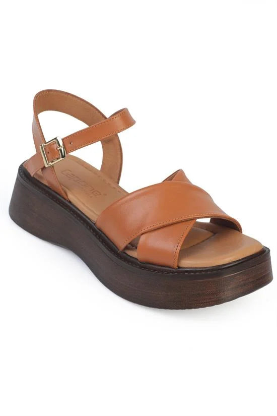 Capone Bobbi Genuine Leather Cross Strap Wedge Heel Women Tan Sandal