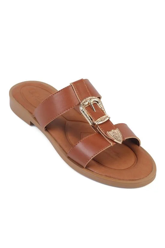 Capone Brynn Metal Buckle Flat Heel Women Tan Sandal