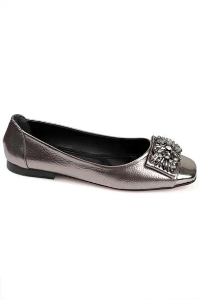 Capone Agnes Burnu Metalic Cristal Embellished Bouckle Chic Ballet Women Black Flats