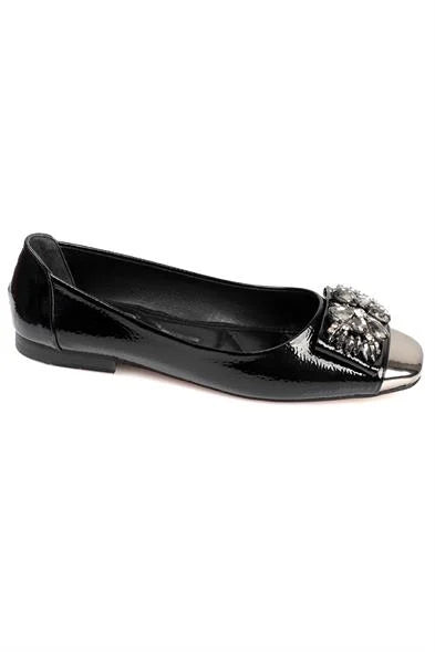 Capone Agnes Burnu Metalic Cristal Embellished Bouckle Chic Ballet Women Black Flats