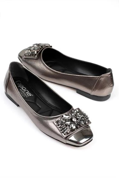 Capone Agnes Burnu Metalic Cristal Embellished Bouckle Chic Ballet Women Black Flats