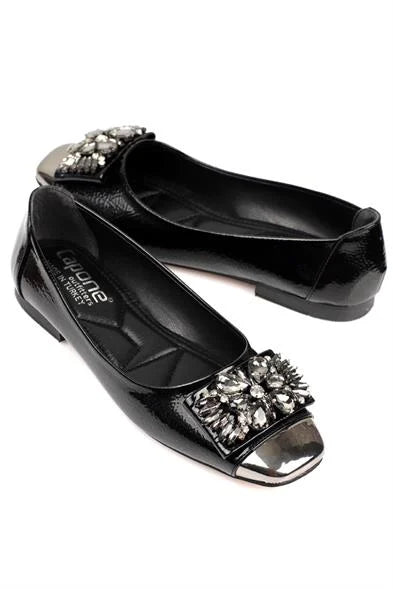 Capone Agnes Burnu Metalic Cristal Embellished Bouckle Chic Ballet Women Black Flats