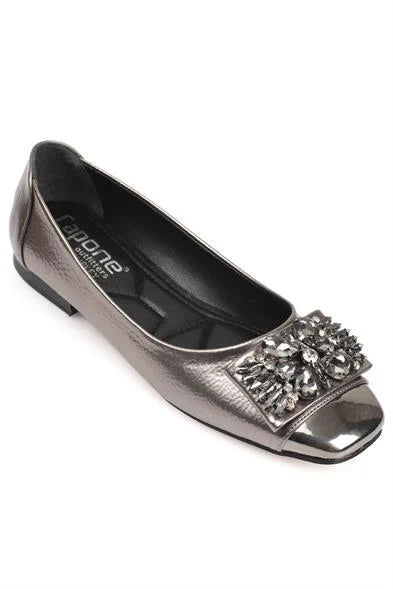 Capone Agnes Burnu Metalic Cristal Embellished Bouckle Chic Ballet Women Black Flats