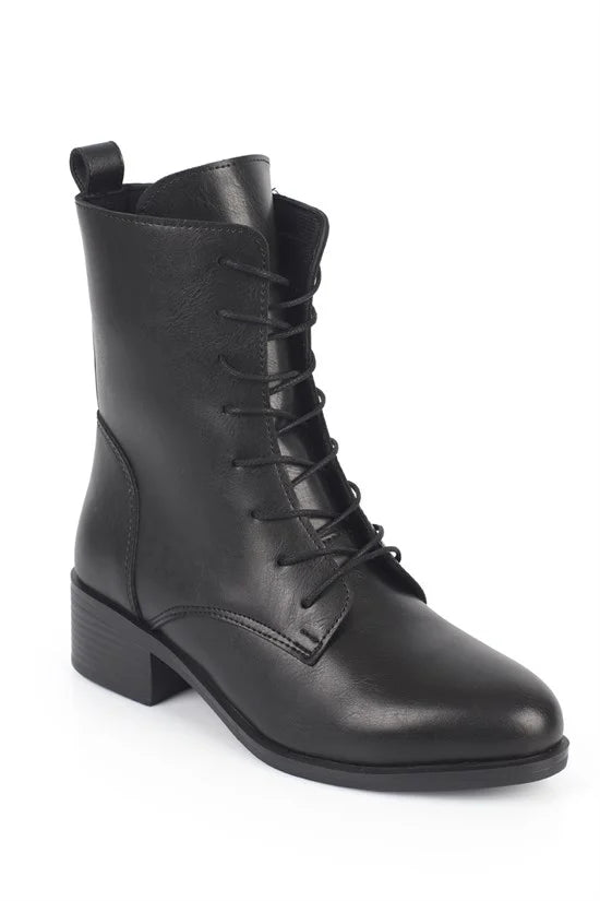 Capone Carolie Lace-Up Side Zip Mid Heel Casual Women Black Ankle Boot