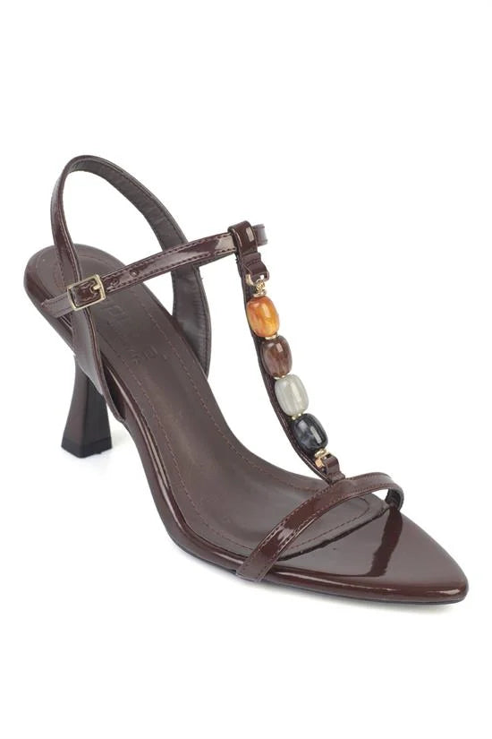 Capone Cassy Pointed Toe Crystal Embellished Patent Look Ankle Strap Mid Heel Women Patent Black Shoe