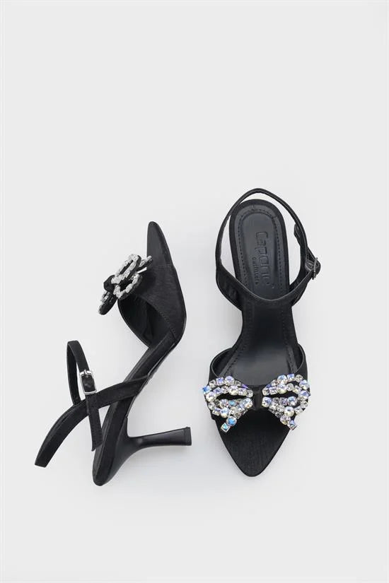 Capone Cissie Pointed Toe Crystal Embellished Ankle Strap Satin Mid Heel Women Black Shoe