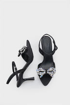 Capone Cissie Pointed Toe Crystal Embellished Ankle Strap Satin Mid Heel Women Black Shoe
