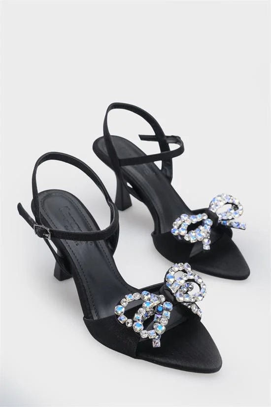 Capone Cissie Pointed Toe Crystal Embellished Ankle Strap Satin Mid Heel Women Black Shoe