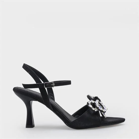 Capone Cissie Pointed Toe Crystal Embellished Ankle Strap Satin Mid Heel Women Black Shoe