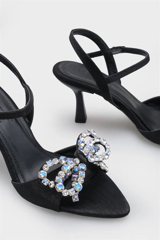 Capone Cissie Pointed Toe Crystal Embellished Ankle Strap Satin Mid Heel Women Black Shoe