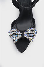 Capone Cissie Pointed Toe Crystal Embellished Ankle Strap Satin Mid Heel Women Black Shoe