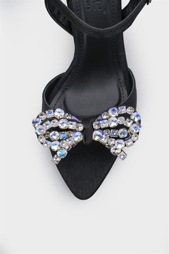 Capone Cissie Pointed Toe Crystal Embellished Ankle Strap Satin Mid Heel Women Black Shoe