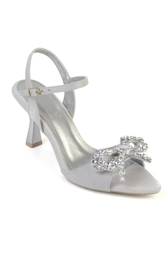 Capone Cissie Pointed Toe Crystal Embellished Ankle Strap Satin Mid Heel Women Black Shoe