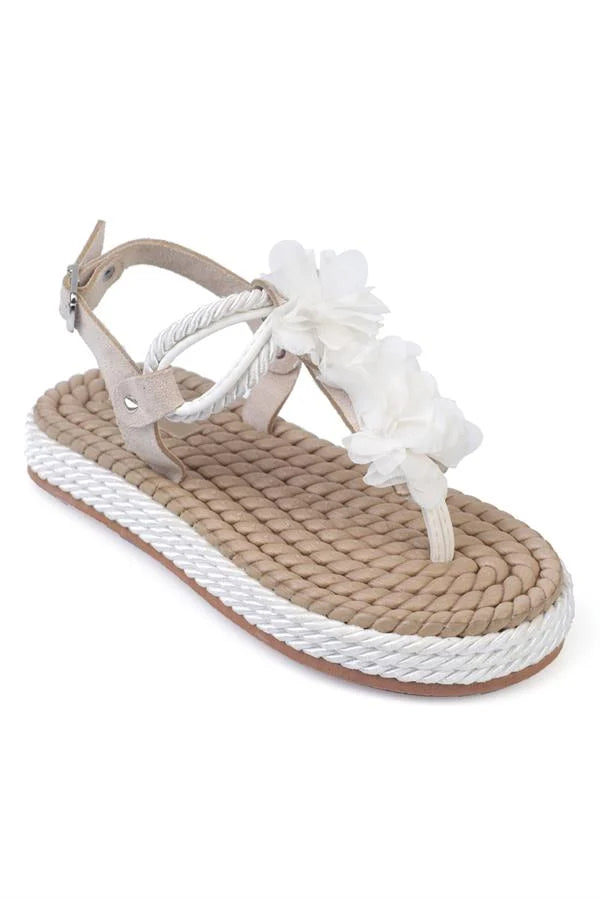 Capone Corded Rope Flower Detail Women Beige Thong Sandals