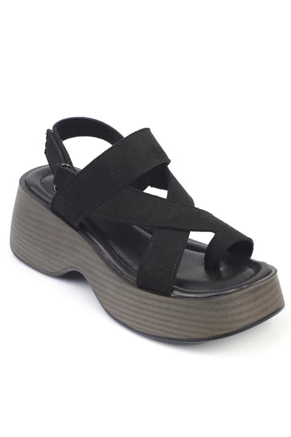 Capone Doris Crystal Embellished Buckled Suede Wedge Heeled Women Sued Black Sandals