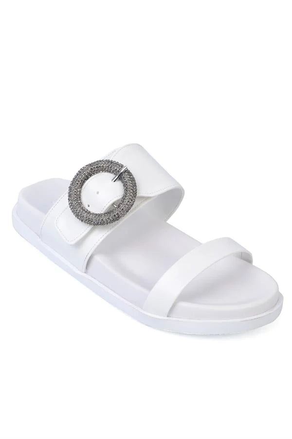 Capone Mary Crystal Embellished Buckled Women White Comfort Sandals