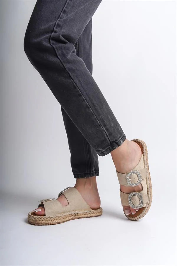 Capone Britney Crystal Embellished Women Sued Mink Espadrille Slippers