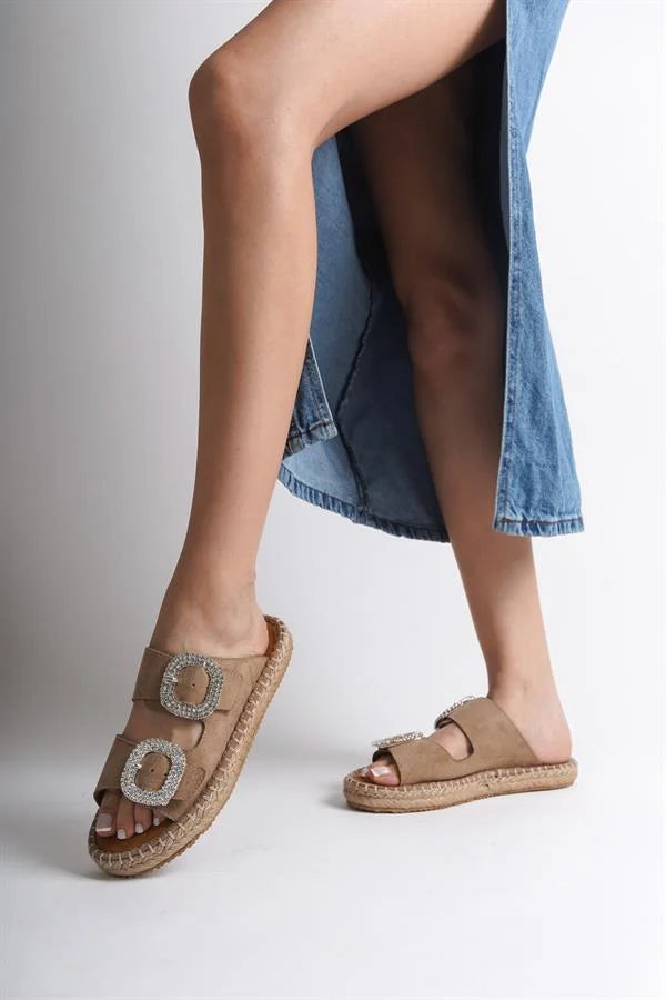 Capone Britney Crystal Embellished Women Sued Mink Espadrille Slippers