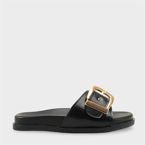 Capone Cybelle Flat Heel Single Band Metal Buckle Women Black Sandal