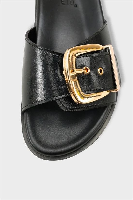 Capone Cybelle Flat Heel Single Band Metal Buckle Women Black Sandal