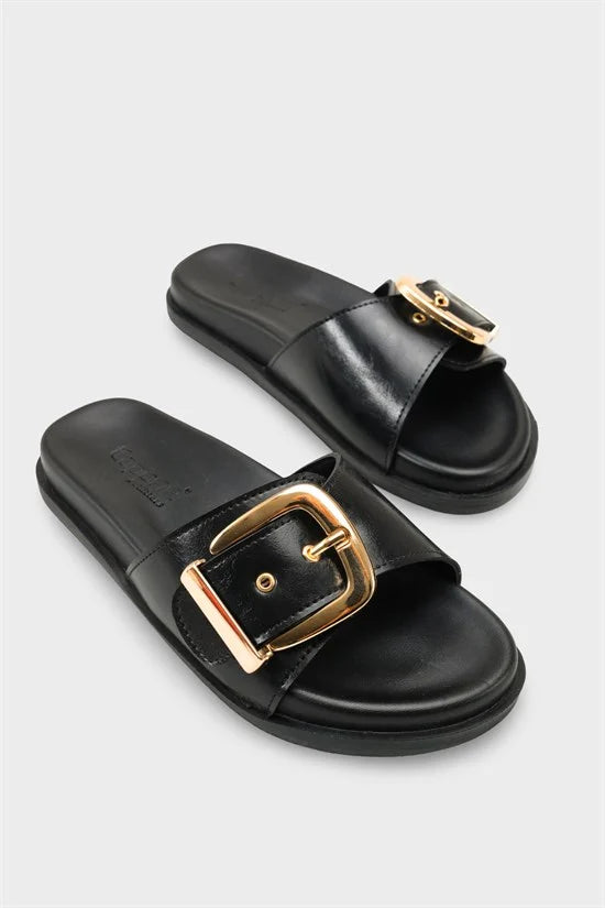 Capone Cybelle Flat Heel Single Band Metal Buckle Women Black Sandal