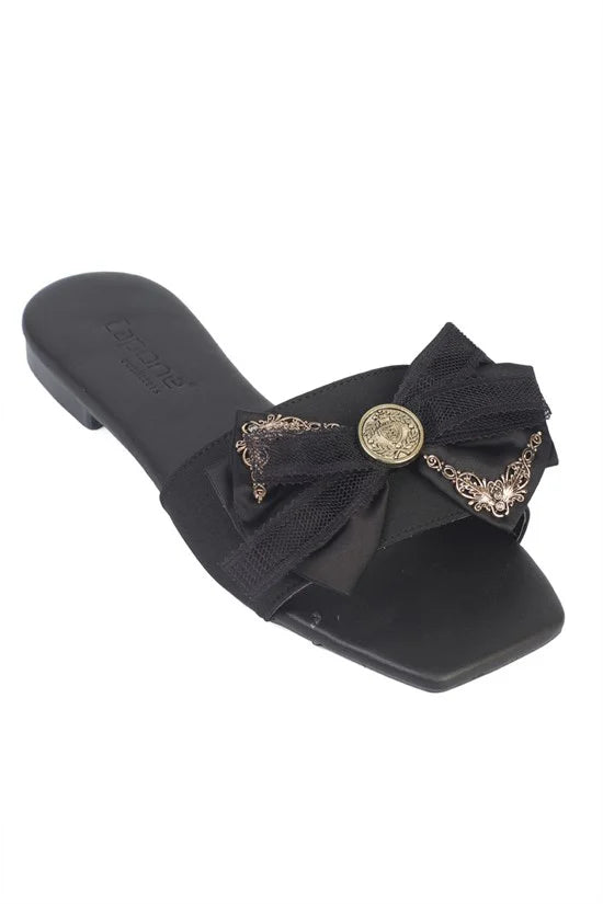 Capone Daniella Square Toe Satin Bow Detail Flat Heel Women Satin Brown Sandal