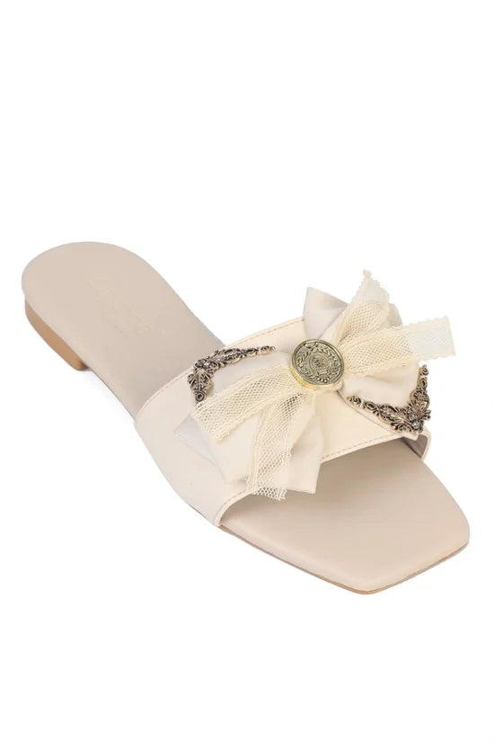 Capone Daniella Square Toe Satin Bow Detail Flat Heel Women Satin Brown Sandal