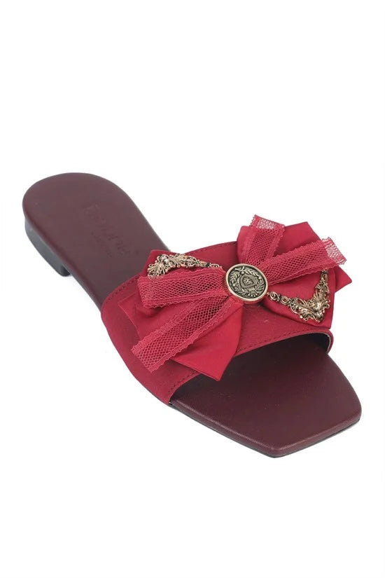 Capone Daniella Square Toe Satin Bow Detail Flat Heel Women Satin Brown Sandal