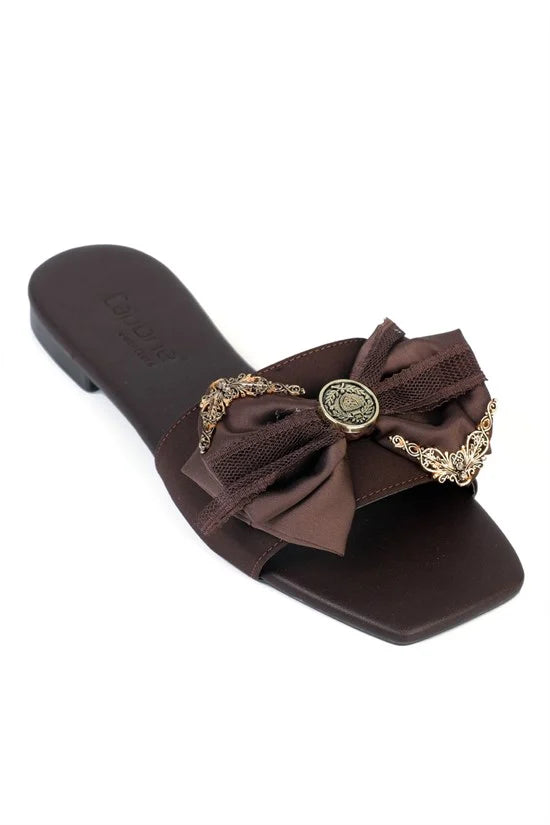 Capone Daniella Square Toe Satin Bow Detail Flat Heel Women Satin Brown Sandal