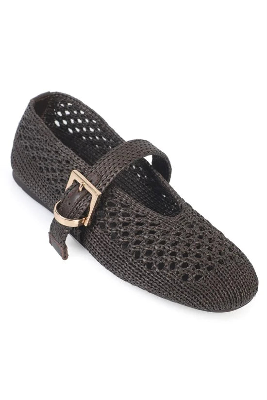 Capone Dannie Mesh Buckle Strap Round Toe Flat Heel Casual Women Black Ballet Flat