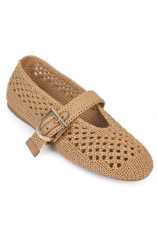 Capone Dannie Mesh Buckle Strap Round Toe Flat Heel Casual Women Black Ballet Flat