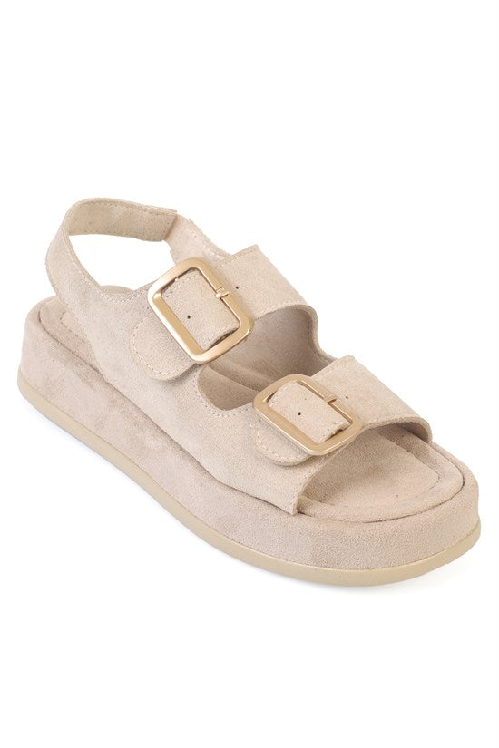 Capone Denice Wedge Heeled Double Strap Buckle Women Sued Beige Sandals