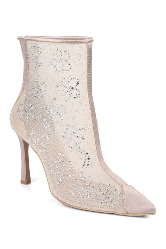 Capone Dennie Lace Crystal Embellished Pointed Toe Evening Women Beige Ankle Boot