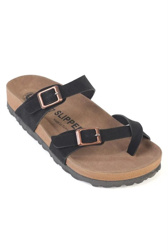 Capone Double Buckle Thong Flat Heel Women Black Sandal