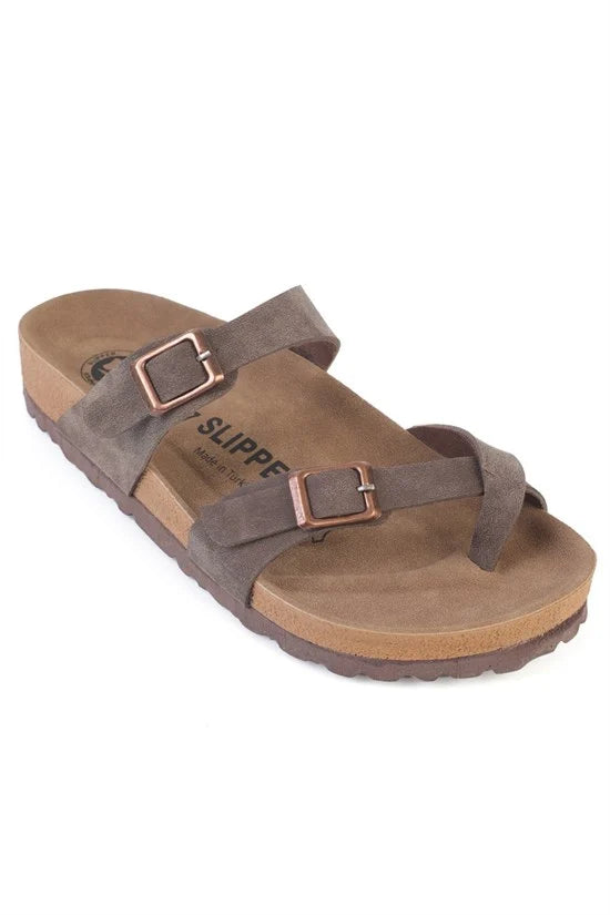 Capone Double Buckle Thong Flat Heel Women Black Sandal