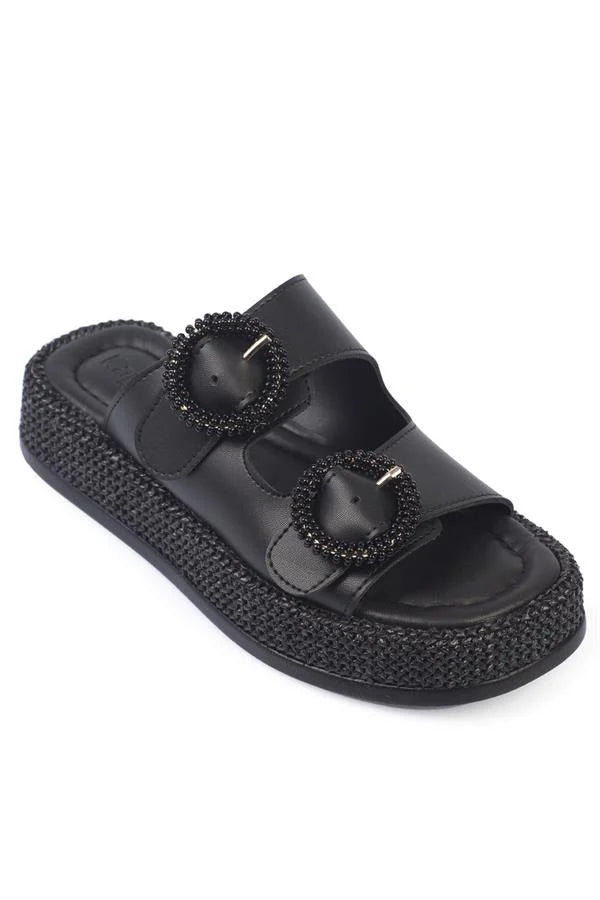 Capone Marla Double Buckle Wedge Heel Comfort Women Black Sandals