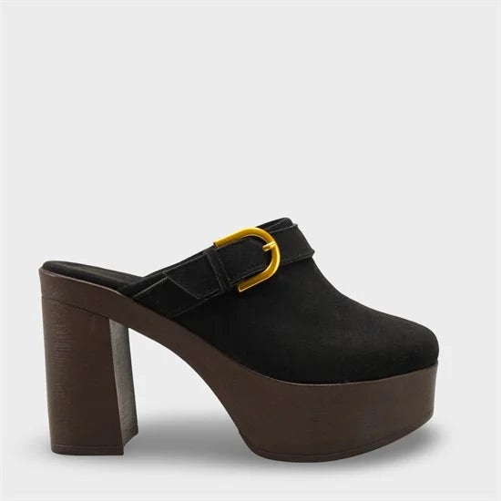 Capone Edith Platform Suede Look Ankle Strap Women Sued Black Clog