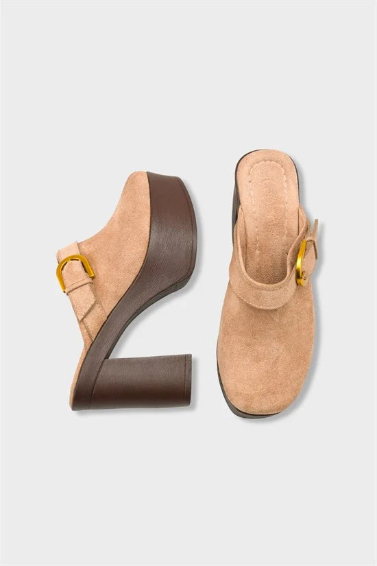 Capone Edith Platform Suede Look Ankle Strap Women Sued Black Clog
