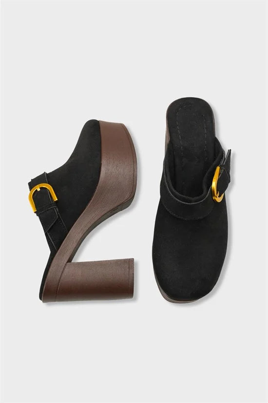 Capone Edith Platform Suede Look Ankle Strap Women Sued Black Clog