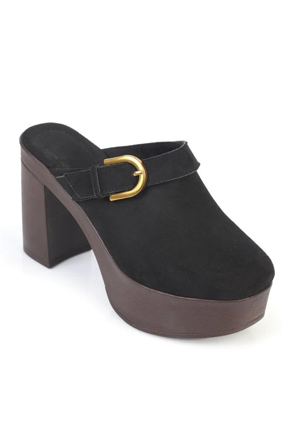 Capone Edith Platform Suede Look Ankle Strap Women Sued Black Clog