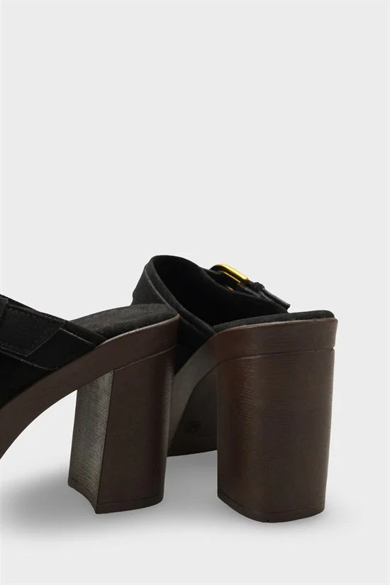 Capone Edith Platform Suede Look Ankle Strap Women Sued Black Clog