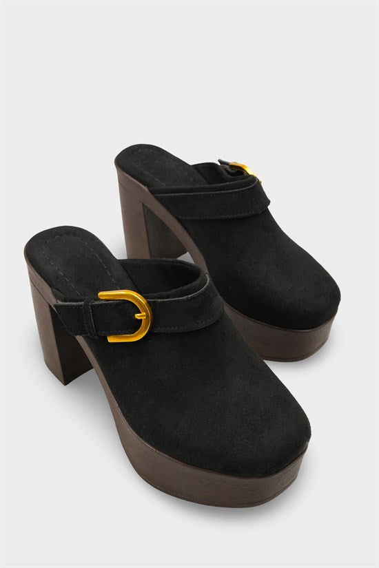 Capone Edith Platform Suede Look Ankle Strap Women Sued Black Clog