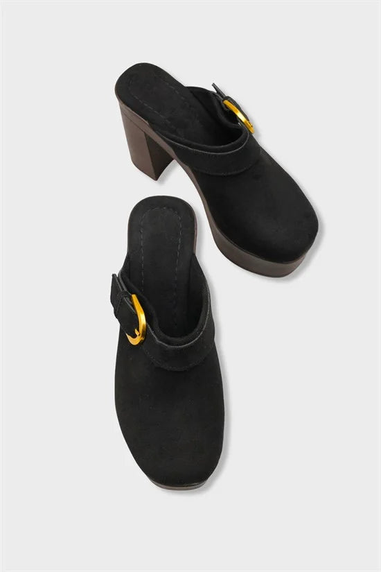 Capone Edith Platform Suede Look Ankle Strap Women Sued Black Clog