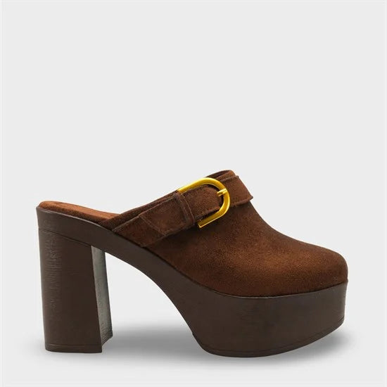 Capone Edith Platform Suede Look Ankle Strap Women Sued Black Clog