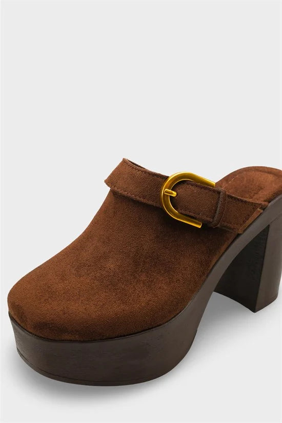 Capone Edith Platform Suede Look Ankle Strap Women Sued Black Clog