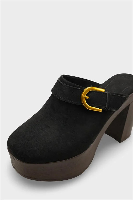 Capone Edith Platform Suede Look Ankle Strap Women Sued Black Clog