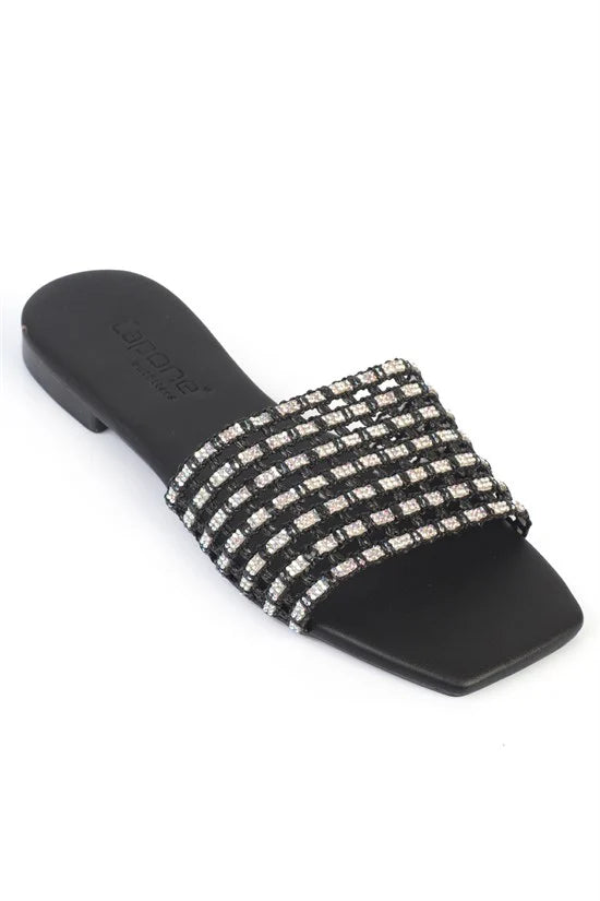 Capone Faina Square Toe Crystal Embellished Flat Heel Women Nude Sandal