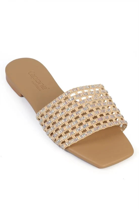 Capone Faina Square Toe Crystal Embellished Flat Heel Women Nude Sandal