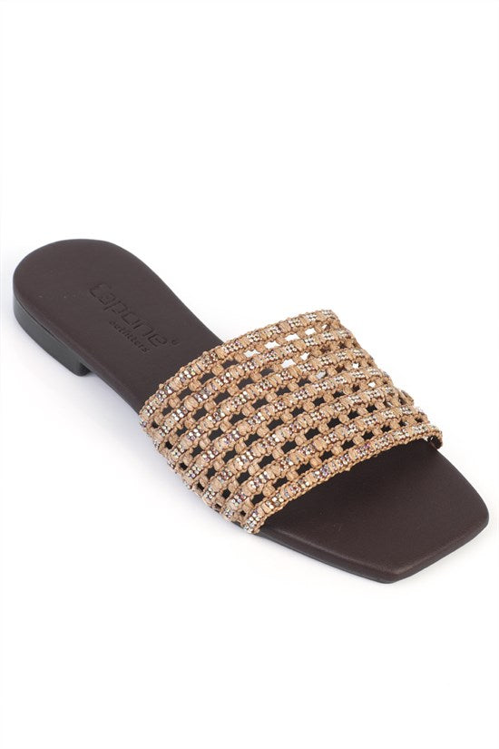 Capone Faina Square Toe Crystal Embellished Flat Heel Women Nude Sandal