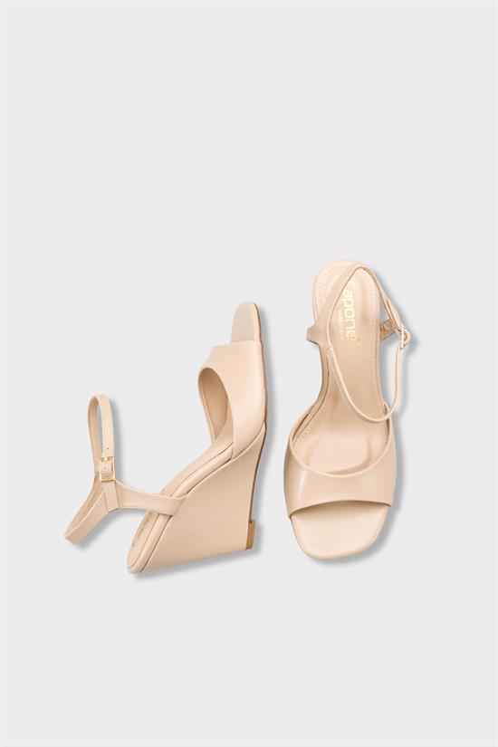 Capone Fanni Genuine Leather Lined Wedge Heel Ankle Strap Women Beige Shoe